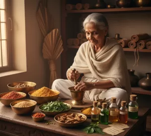 Ayurvedic herbs and ancient natural medicine preparation.