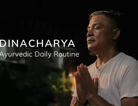 Sequence of sunrise (morning ritual) activities like oil pulling and meditation, symbolizing the Ayurvedic Lifestyle Dinacharya.